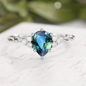 Vintage Blue Green Sapphire Engagement Ring Pear Teal Sapphire Ring White Gold Delicate Promise ring