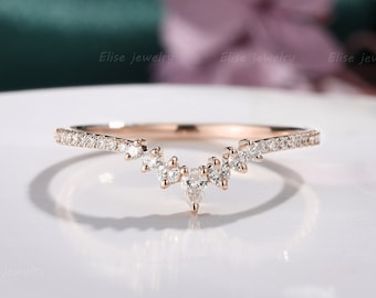 Moissanite curved wedding band Pear Wedding Ring unique Dainty ring antique Promise ring anniversary ring Vintage Stacking Ring rose gold