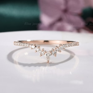 Moissanite curved wedding band Pear Wedding Ring unique Dainty ring antique Promise ring anniversary ring Vintage Stacking Ring rose gold