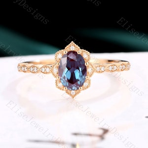 Vintage Alexandrite Halo Engagement Ring|Oval Alexandrite Engagement Ring Milgrain Rose Gold Unique Cluster ring diamond Anniversary ring