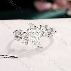 Leaf Moissanite Engagement Ring | Heart Shaped Engagement Ring | Vintage Moissanite Ring | Vine Leaf Ring | White Gold Cluster Ring