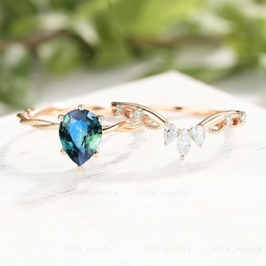 Teal Sapphire Engagement Ring Set|Pear shaped Blue Green Sapphire Solitaire ring rose gold vintage Twisted band promise Anniversary ring