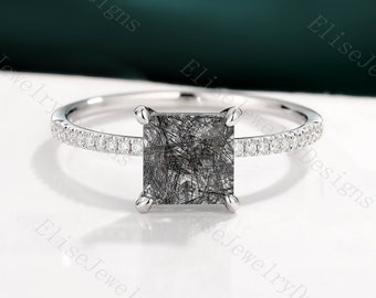 Black Rutilated Quartz Engagement Ring | Princess Cut Black Rutilated Quartz Ring | White Gold Ring | Moissanite Ring | Anniversary Ring