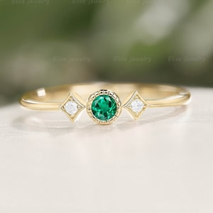 Dainty Emerald Engagement Ring Minimalist Ring Delicate Ring Unique Diamond Ring Solid Yellow Gold Ring Three Stone Ring Promise Bridal Ring
