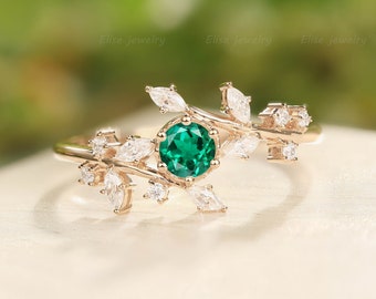 Vintage Engagement Ring Unique Leaf Emerald Engagement Ring Diamond Cluster Ring Rose gold Bridal Ring Promise Anniversary Ring
