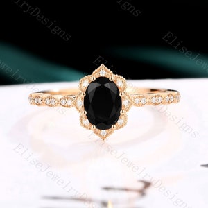 Oval Black Onyx engagement ringvintage Halo Engagement Ring Milgrain Rose Gold Unique Cluster ring diamond Bridal Jewelry Anniversary ring image 1