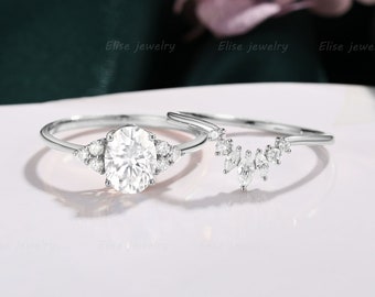 Art Deco Moissanite Engagement Ring Set Oval Moissanite Ring Curved Ring Marquise Diamond Ring Cluster Diamond Ring White Gold Promise Ring