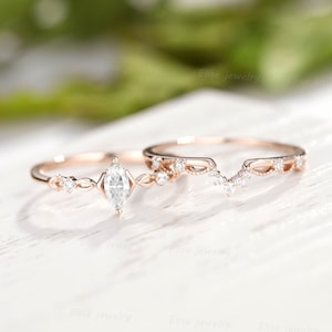 Vintage Moissanite Engagement Ring Set Art Deco Delicate Marquise ring Rose Gold Diamond Ring Anniversary ring Unique ring curved band