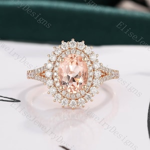 Vintage Morganite Engagement Ring Double Halo Morganite Ring split Ring Oval Morganite Ring Rose Gold Ring Promise Bridal Ring