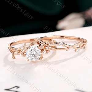 Round Moissanite Engagement Ring Set | Leaf Moissanite Ring | Vine Moissanite Ring | Twisted Branch Ring | Twig Ring | Nature Inspired Ring