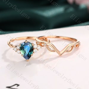Pear Shaped Teal Sapphire Engagement Ring Set Blue Green Sapphire Ring Unique V Shape Wedding Band Twisted Band Vintage Rose Gold Ring Set