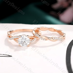 Round Moissanite Engagement Ring Set | Moissanite Infinity Ring | Twisted Rope Ring | Pave Diamond Ring | Rose Gold Promise Ring