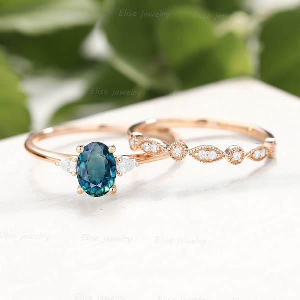 Vintage Teal Sapphire Engagement Ring Set Oval Blue Green Sapphire Milgrain Bridal Ring Set Rose Gold Three Stone Ring Dainty Ring Set