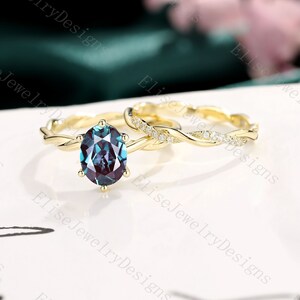 Unique Alexandrite Engagement Ring Set Oval Cut Solitaire Ring Unique Twisted Wedding Band Yellow Gold Ring Set Wedding Bridal Ring Set