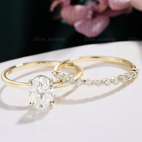 Oval Cut Moissanite Engagement Ring Set Vintage Rose Gold - Etsy