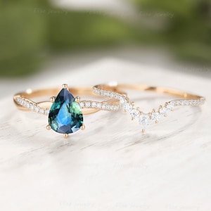 Teal Sapphire Engagement Ring Set|Pear shaped Blue Green Sapphire ring Rose Gold Vintage Twisted band Promise ring Anniversary Ring