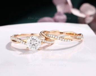 Infinity Moissanite Engagement Ring Set Twisted Moissanite Ring Vintage Wedding Ring Rose Gold Pave Ring Promise Bridal Ring