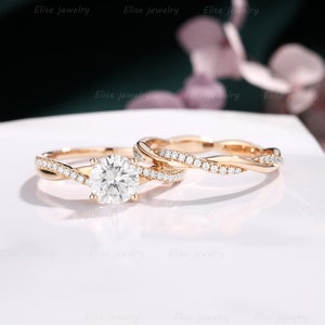 Infinity Moissanite Engagement Ring Set Twisted Moissanite Ring Vintage Wedding Ring Rose Gold Pave Ring Promise Bridal Ring