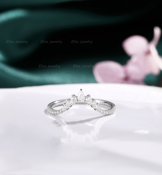 Curved Moissanite Wedding Band Pear Diamond Ring Crown Wedding