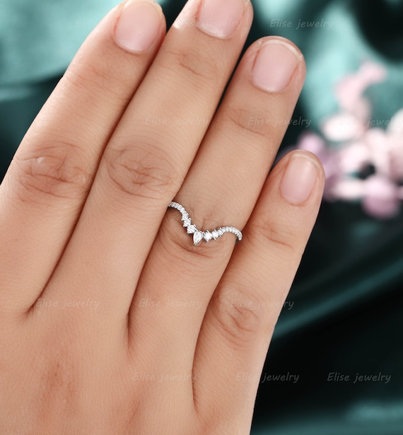 Curved Moissanite Wedding Band Pear Diamond Ring Crown Wedding