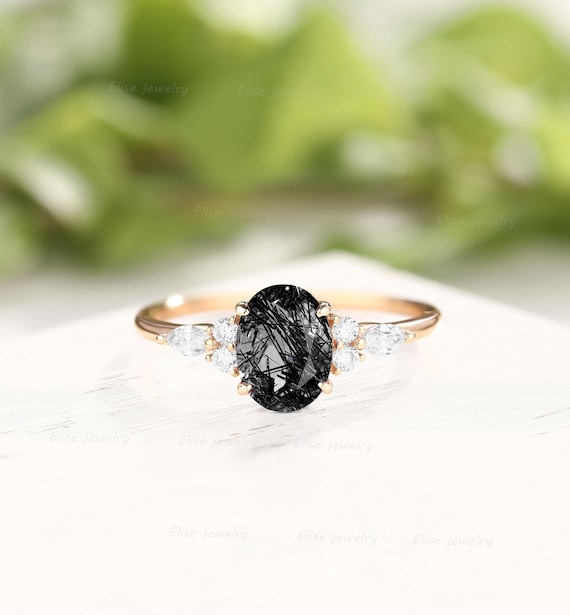 Vintage Black Rutilated Quartz Engagement Ring Oval Black Quartz