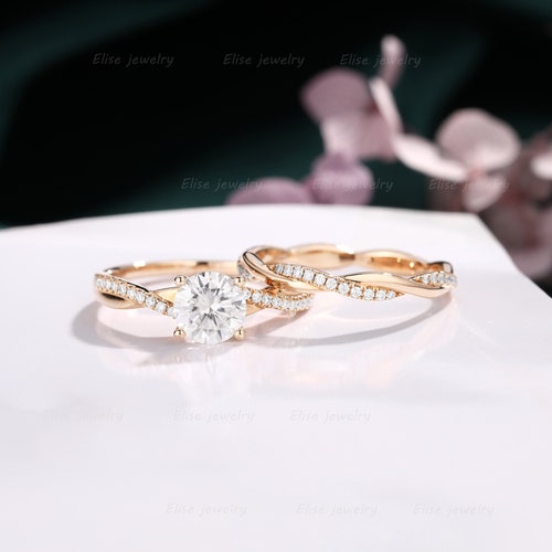 Rose Gold Moissanite Engagement Ring Bridal Set Twist Infinity - Etsy