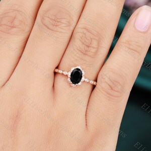 Oval Black Onyx engagement ringvintage Halo Engagement Ring Milgrain Rose Gold Unique Cluster ring diamond Bridal Jewelry Anniversary ring image 2