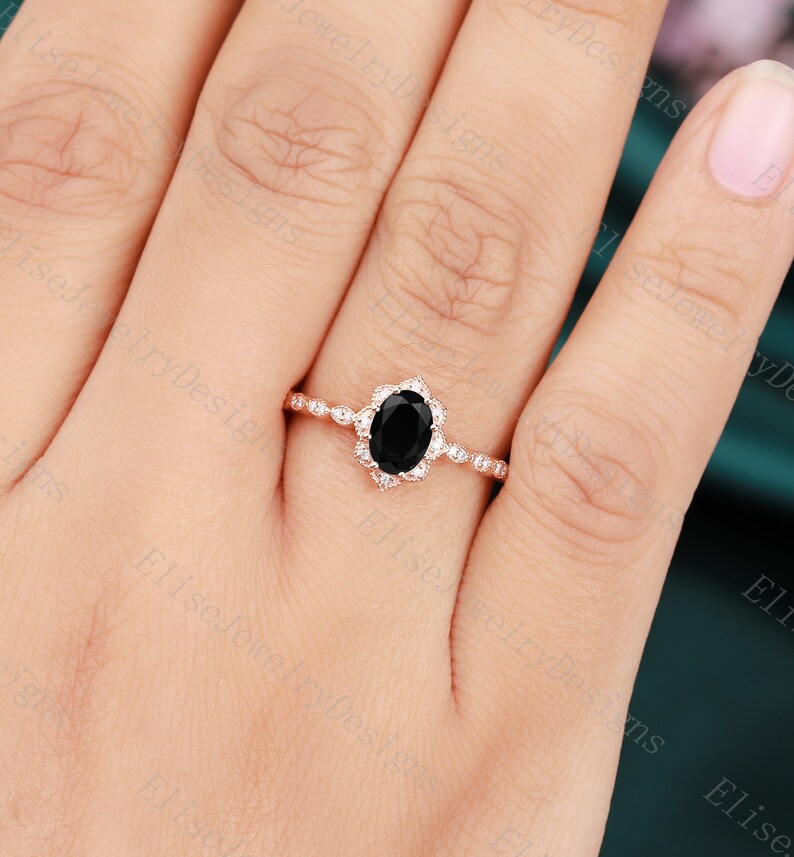 Oval Black Onyx engagement ringvintage Halo Engagement Ring Milgrain Rose Gold Unique Cluster ring diamond Bridal Jewelry Anniversary ring image 2