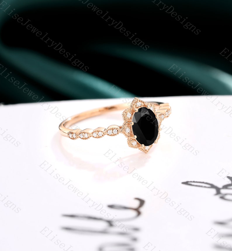 Oval Black Onyx engagement ringvintage Halo Engagement Ring Milgrain Rose Gold Unique Cluster ring diamond Bridal Jewelry Anniversary ring image 3