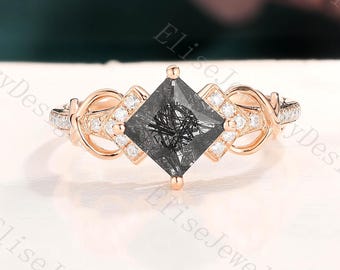 Vintage Black Rutilated Quartz Ring Princess Cut Quartz Ring Quartz Ring Women Twisted Ring Unique Rose Gold Ring Personalized Gifts