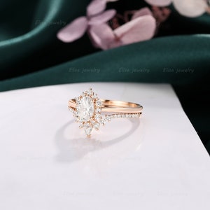 Oval Moissanite Engagement Ring Set Vintage Halo Ring Rose Gold Unique Cluster Ring Diamond Wedding Ring Bridal Ring Anniversary Ring image 4