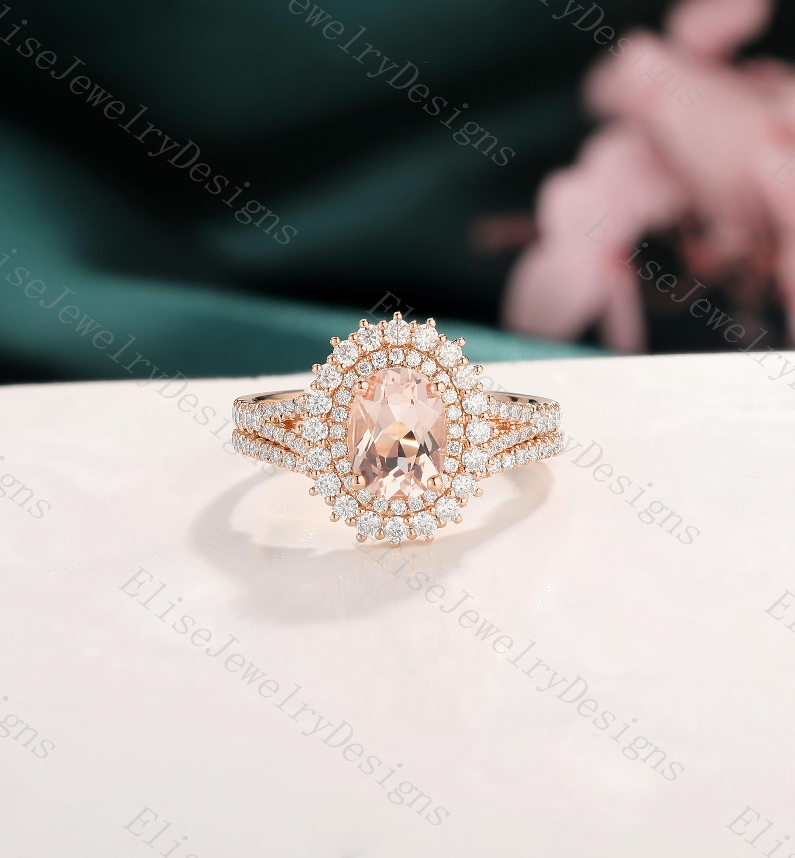 Double Halo Morganite Ring Set Vintage Rose Gold Morganite Ring Oval Morganite Ring Morganite Bridal Ring Floral Promise Ring