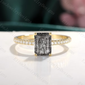 Black Rutilated Quartz Engagement Ring Yellow Gold Quartz Ring Emerald Quartz Ring Moissanite Stacking Ring Bridal Anniversary Gift