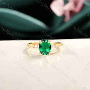 Lab Emerald Engagement Ring Antique Emerald Ring Emerald Ring for Women Trapezoid Dimoand Ring 14K White Gold Ring Dainty Anniversary Ring
