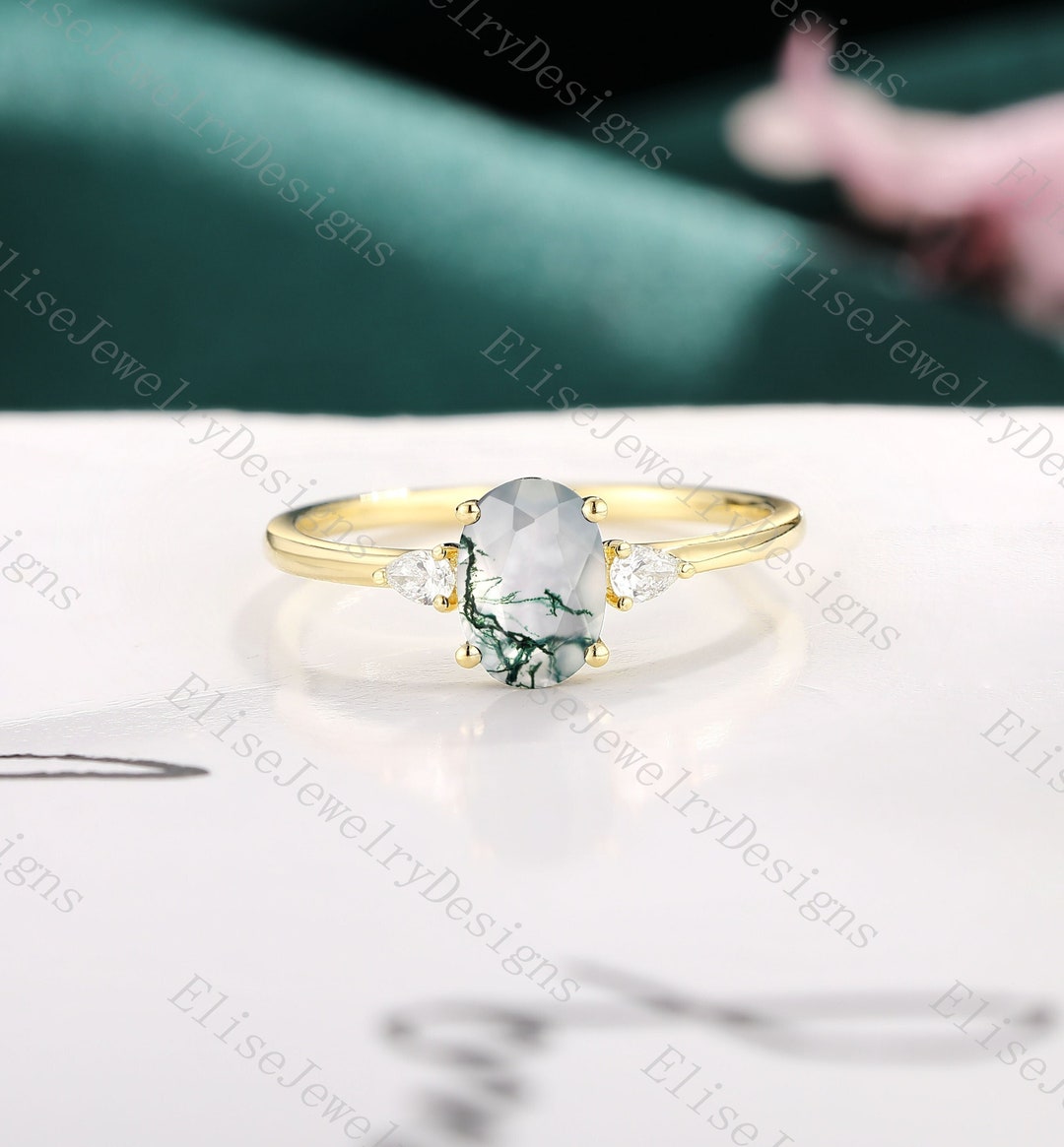 Delicate Moss Agate Engagement Ring Oval Moss Agate Engagement Ring ...