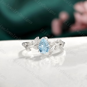 Pear Aquamarine Ring White 14k Gold Leaf Ring Women Nature Inspired Aquamarine Wedding Ring for Women Jewelry Gifts Ring for Her