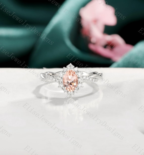 Anillo de compromiso de morganita antigua Anillo de halo de