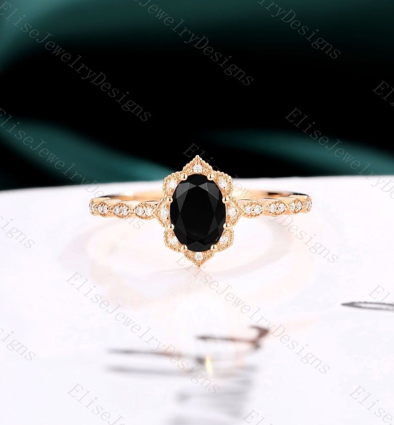 Oval Black Onyx engagement ringvintage Halo Engagement Ring Milgrain Rose Gold Unique Cluster ring diamond Bridal Jewelry Anniversary ring image 1