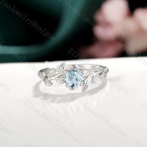 Aquamarine Leaf Engagement Ring White Gold Round Aquamarine Ring Dainty Aquamarine Ring Nature Inspired Ring Branch Ring White Gold