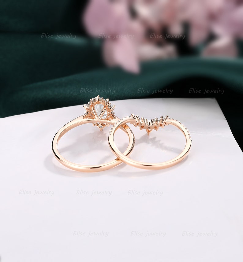 Oval Moissanite Engagement Ring Set Vintage Halo Ring Rose Gold Unique Cluster Ring Diamond Wedding Ring Bridal Ring Anniversary Ring image 5
