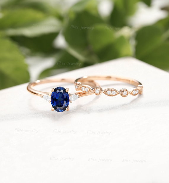 Oval Sapphire Engagement Ring Set Lab sapphire engagement ring Rose Gold  Diamond Custom Ring Anniversary three stone ring