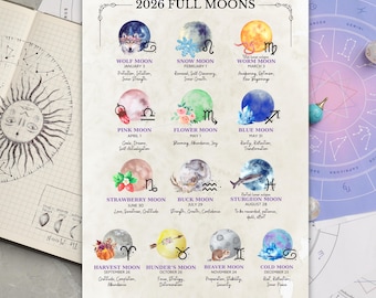 Calendario lunare 2026 – Fasi lunari acquerellate, regalo astrologico (stampabile)