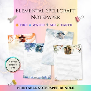 Pode incluir: Conjunto de papel para notas imprimível com quatro designs com ilustrações de aquarela de bruxas e símbolos elementais. Os designs incluem fogo, água, ar e terra. Cada design tem um esquema de cores diferente e apresenta uma bruxa com um penteado e uma roupa diferentes. O papel para notas é pautado e tem um espaço em branco na parte superior para escrever. O texto "Elemental Spellcraft Notepaper" está na parte superior da imagem. O texto "FIRE WATER AIR EARTH" está abaixo do título. O texto "Printable Notepaper Bundle" está na parte inferior da imagem.