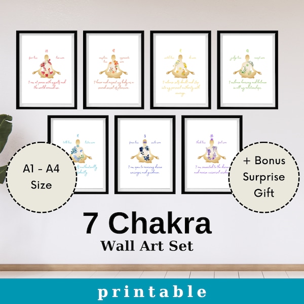 7 Chakra Wall Art Set Printable - Colors of Chakras - Digital Poster Design - Manifest Artwork - Wall Decor Watercolor Meditation Art Print