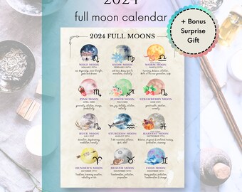 2024 Full Moon Calendar Guide - Northern Hemisphere - Printable Moon Planner - Moon Phases Lunar Signs - Gift Idea for Astrological Lovers