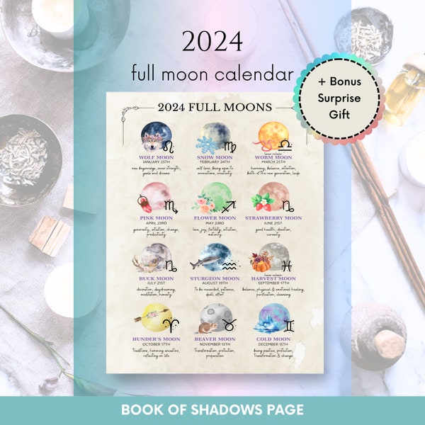 2024 Full Moon Calendar Guide - Northern Hemisphere - Printable Moon Planner - Moon Phases Lunar Signs - Gift Idea for Astrological Lovers