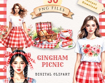 Imágenes prediseñadas de picnic con estampado de cuadros rojos, ilustraciones PNG en acuarela (descarga digital)