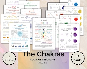 7 Chakra Guide Sheets - Yoga Poses of Chakras - Printable Book of Shadows Pages - Manifest Guide - Healing Aromatherapy Information