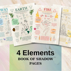 Four Elements Grimoire Pages - Witch Printables Book of Shadows - Air Fire Water Earth Reference for Manifest / Spell Practice