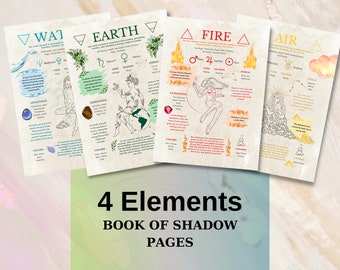 Vier elementen Grimoire pagina's - Witch Printables Book of Shadows - Air Fire Water Earth Referentie voor Manifest / Spell Practice